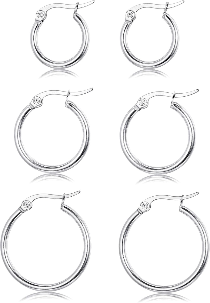 3 Pairs Sterling Silver round Hoop Earring for Women Lightweight Click-Top Hoop