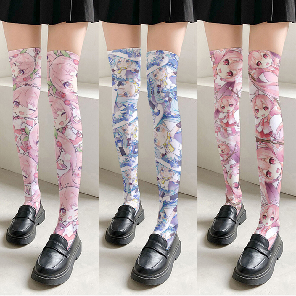 Japanese Anime Stocking Cartoon Rabbit Print Pink White Over-the-knee Socks wi