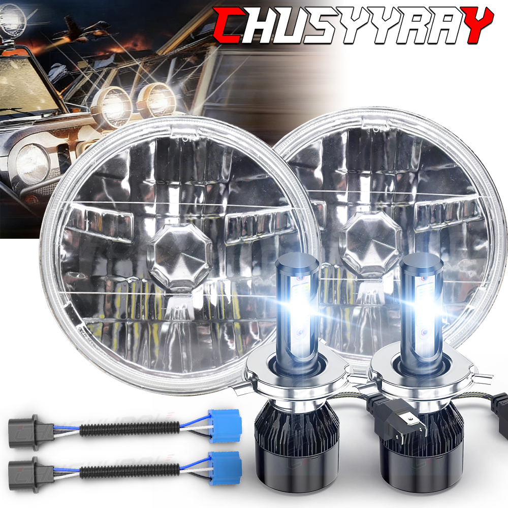 7 Inch led GLASS Headlight Round, ORIGINAL CLASSIC LOOK Conversion Chrome pair