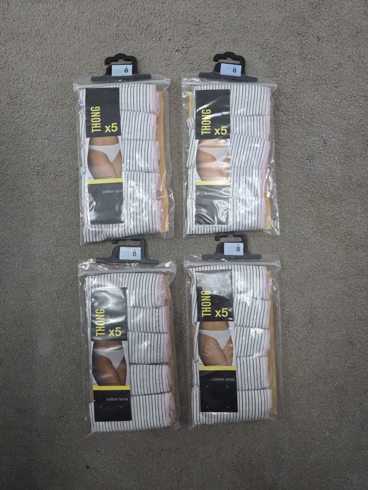 4 PACKS OF 5 COTTON STRIPE LADIES THONGS (20 PAIRS FOR £12) SIZE 8 BNWT