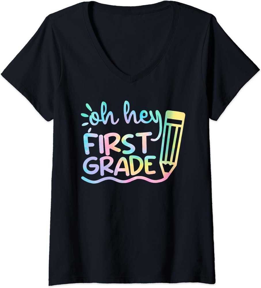 Back To School Oh Hey First Grade Tie Dye Cool Gift Ladies' V-Neck Tshirt-image