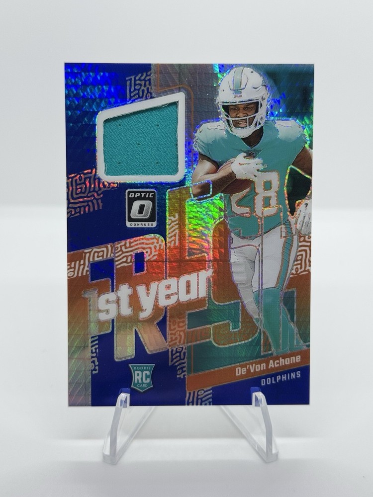 2023 Panini Donruss Optic De’Von Achane Rookie Blue Hyper Prizm Patch Card