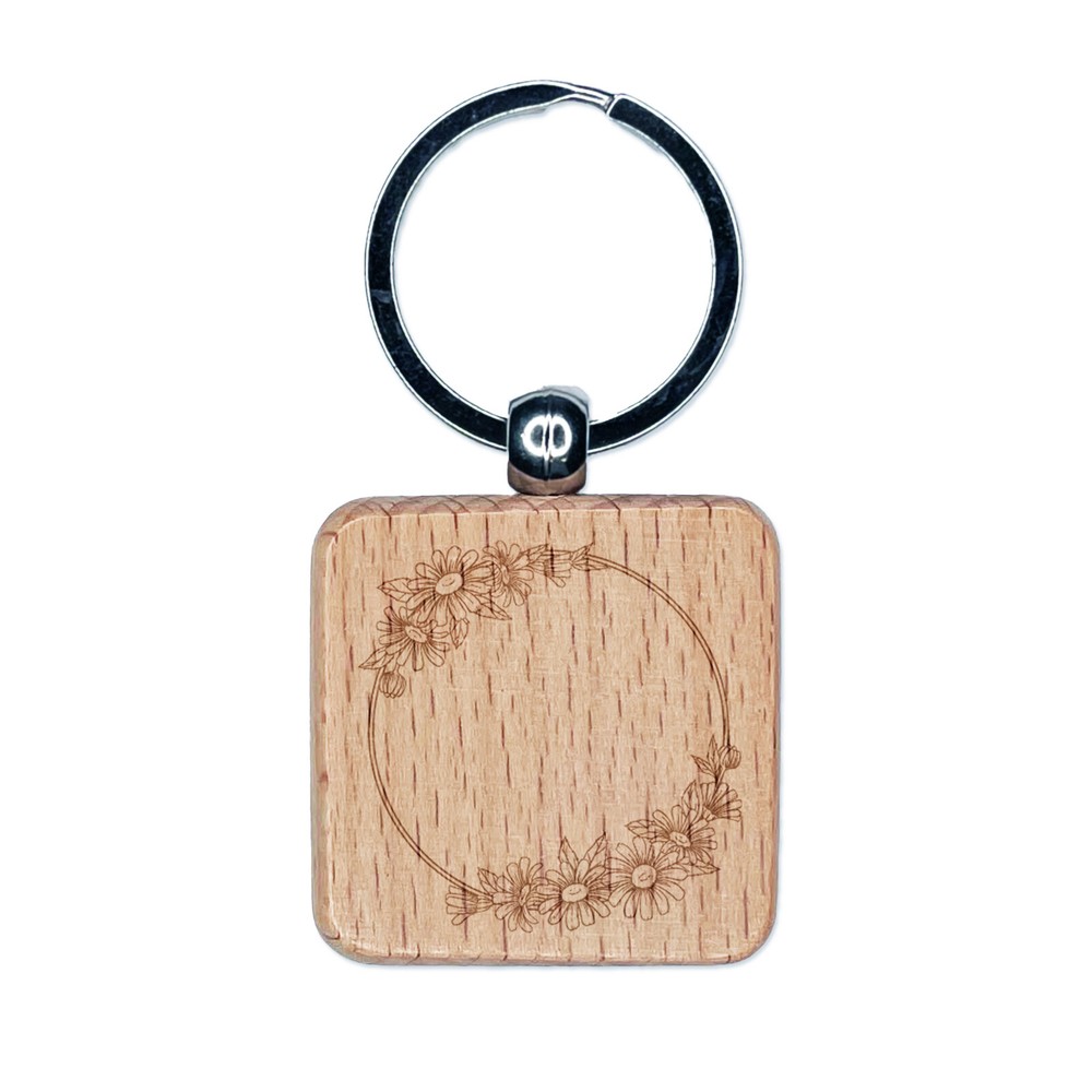 Summer Daisy Flower Engraved Wood Square Keychain Tag Charm  