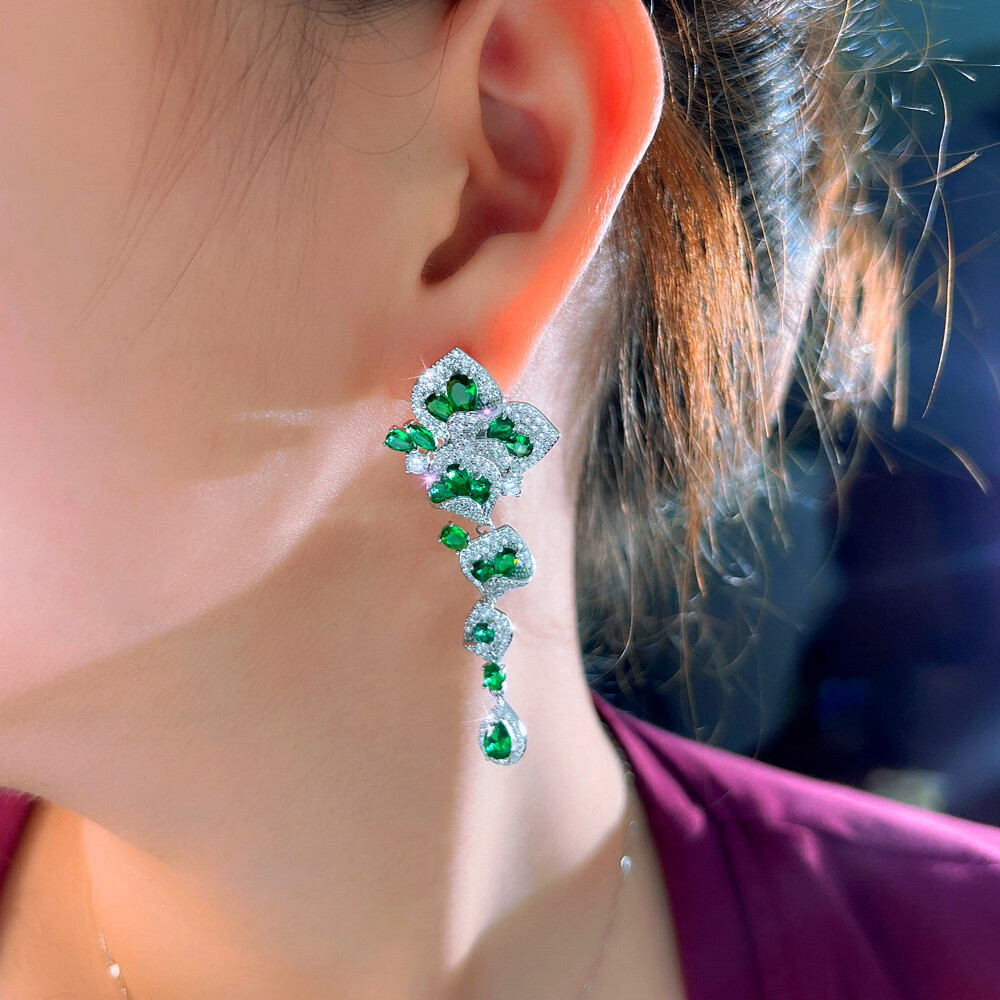 Silver Plated Symmetrical Flower Drop Earrings with Green Cubic Zirconia for Weddings