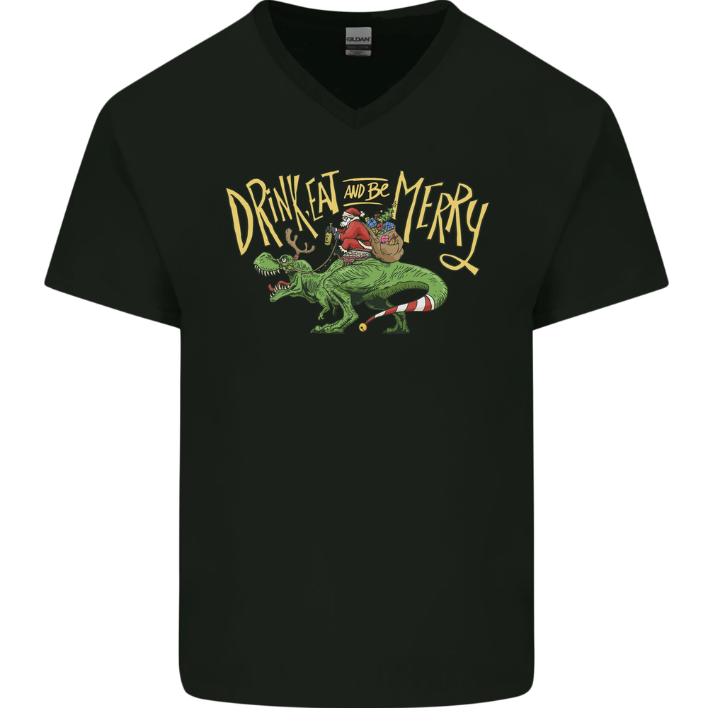 Camiseta de algodón cuello en V de Santa T-Rex Drink Eat Feliz Navidad divertida para hombre