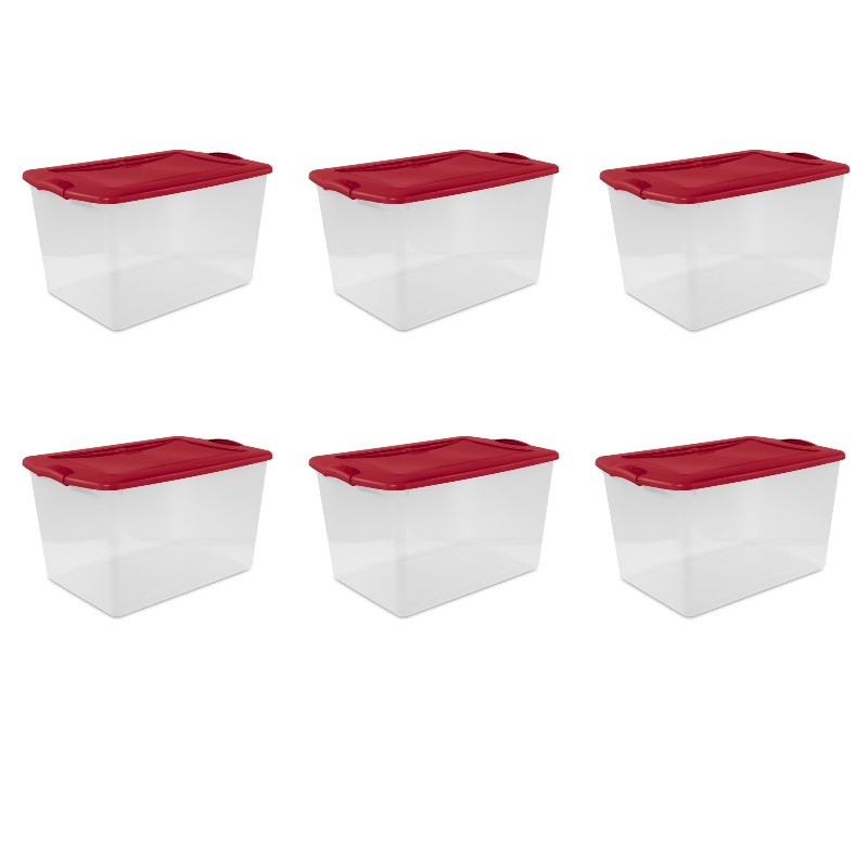 Clear Plastic Storage Bin 66 Qt, Large, Latch Lid, Red, 6 Count