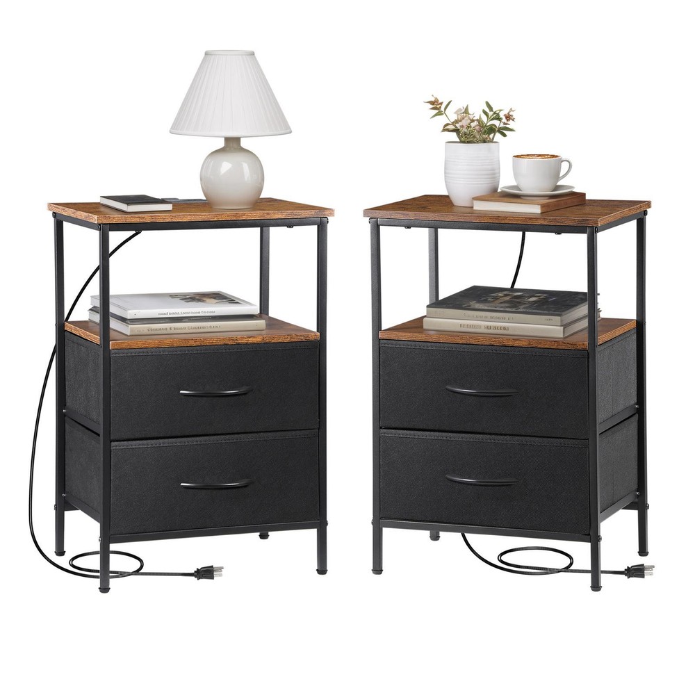 Set of 2 Nightstands with USB Charging Stations and Fabric Drawers for Bedside Storage  