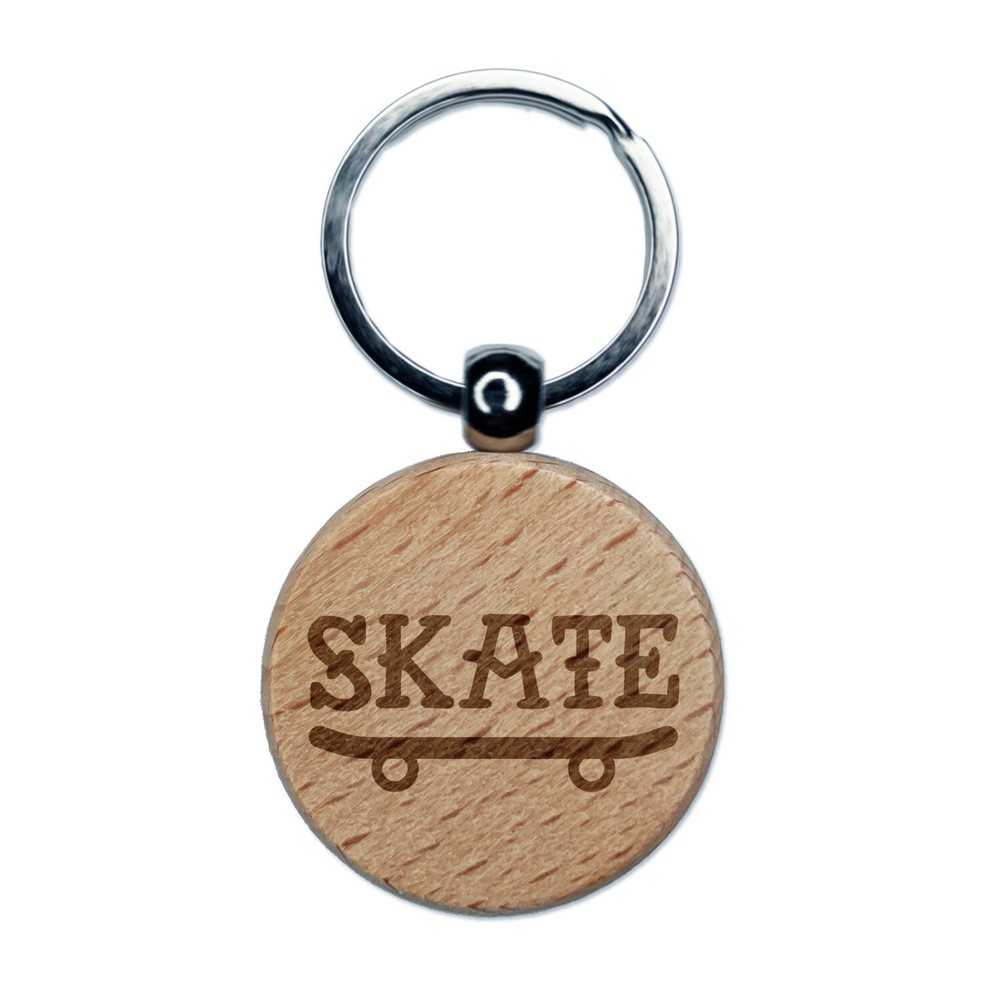 Skate Text on Skateboard Engraved Wood Round Keychain Tag Charm