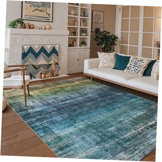 Abstract 8x10 Area Rug - Soft Ocean Teal Cactus Amber Design for Bedroom & Living Room