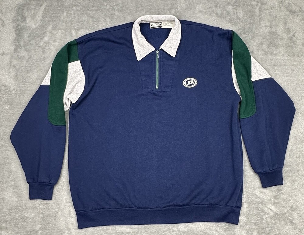 Vintage Dunlop Sweatshirt Mens XL Blue Green Gray Fleece 1/4 Zip Pullover Casual