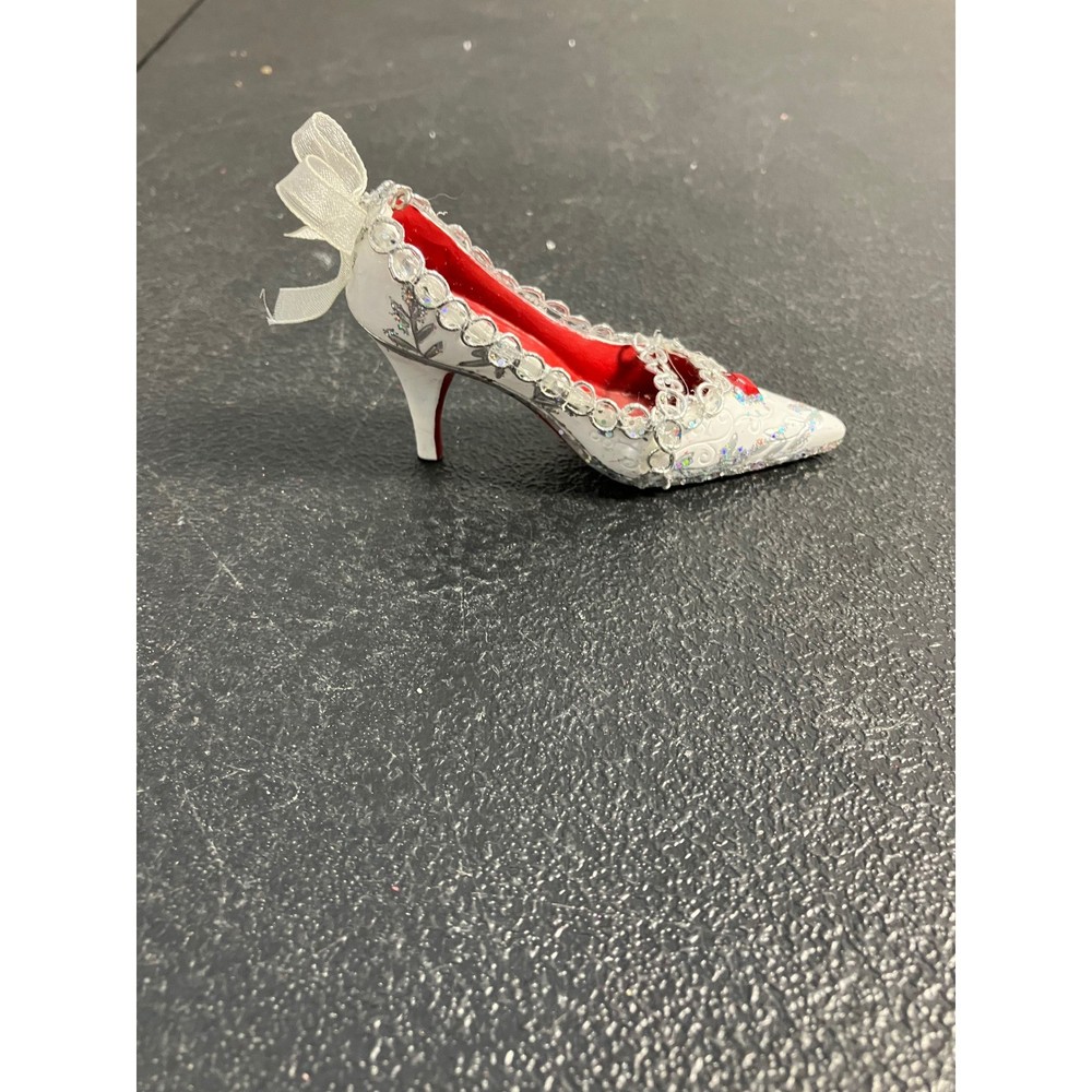 Bombay Company White High Heel Shoe Christmas Ornament Red Bottom Silver Glitter