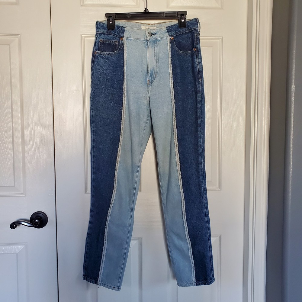 Pacsun Mom Jeans Size 27 Patchwork Denim High Rise 90s Pockets 100% Cotton Blue