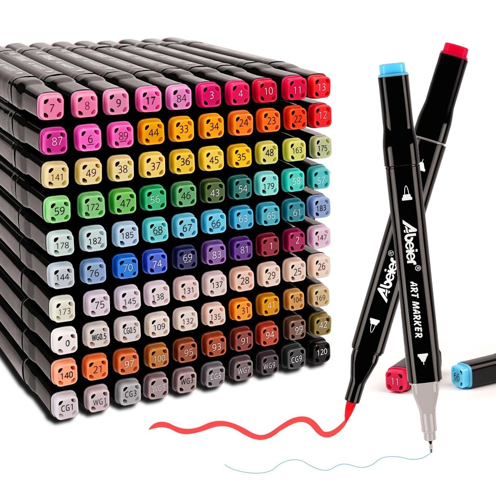ABEIER Dual Brush Tip Marker Pens, 100 Vibrant Colors, Water-Based, Non-Toxic...