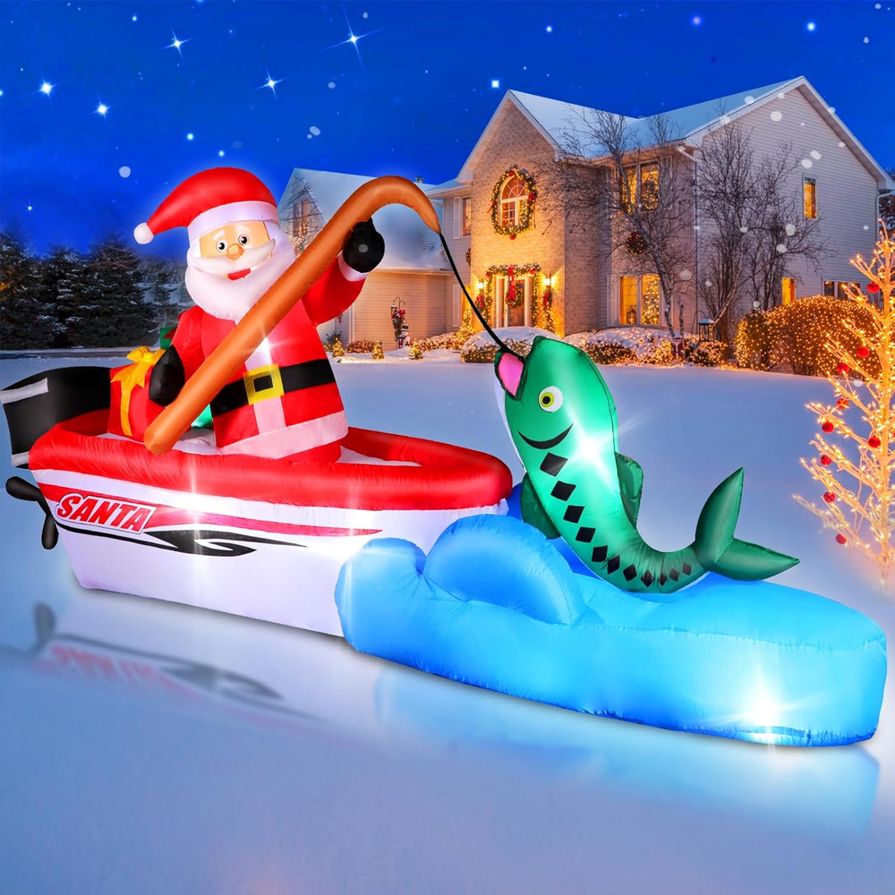 11FT Christmas Inflatables Santa Fishing On Boat 2025 NEW LED Outdoor Decoration