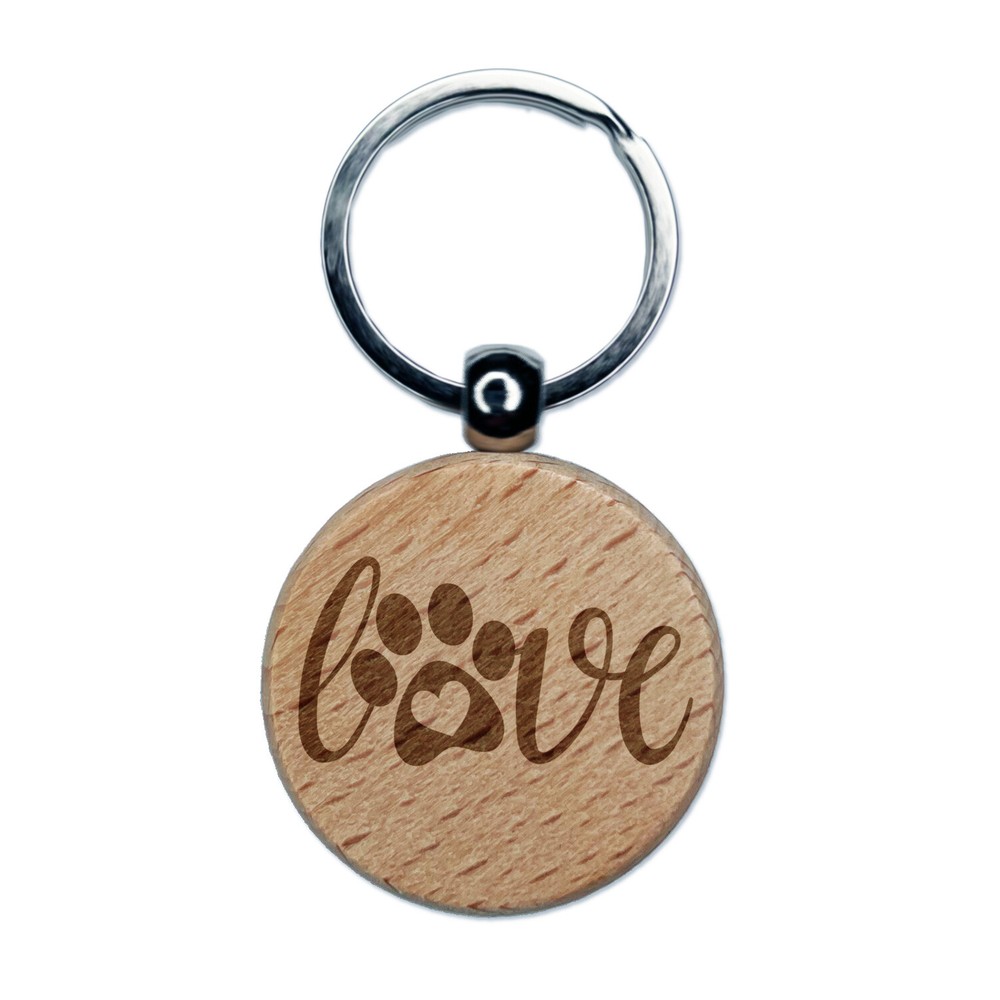 Engraved Wooden Paw Print Heart Keychain for Dogs and Cats
