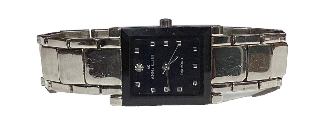 Anne Klein Womens Watch Silver Tank Beveled Black Crystal Gemmed New Battery