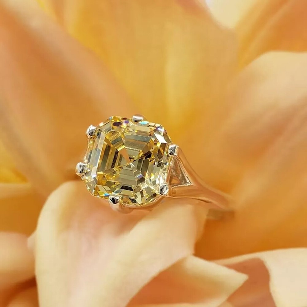 4.01 Ct Certified Asscher Cut Champagne Diamond Ring 925 Silver Prong Setting