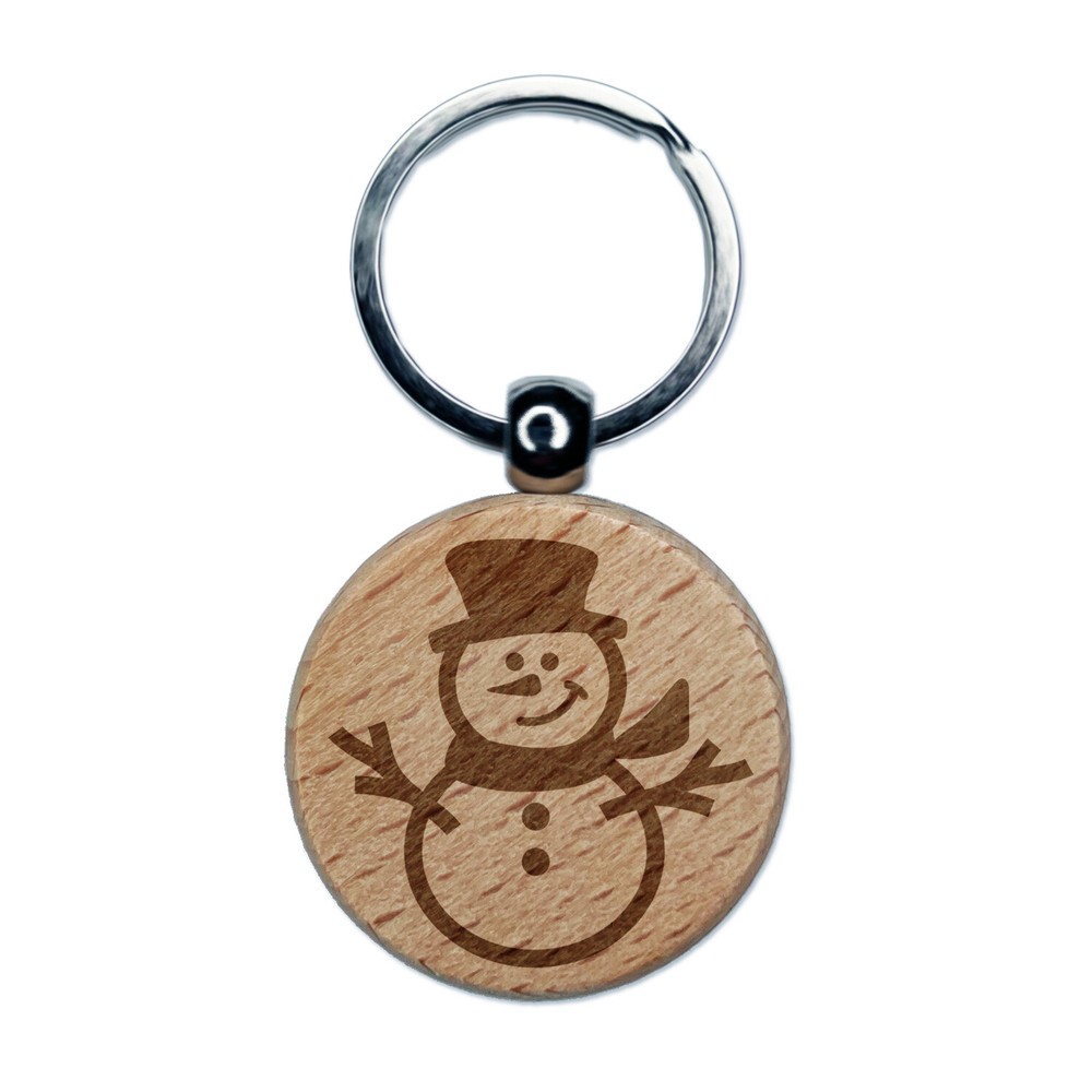 Smiling Snowman Winter Christmas Engraved Wood Round Keychain Tag Charm