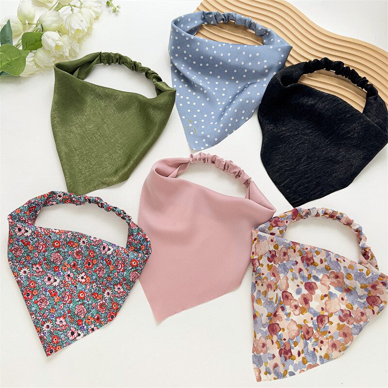 Satin Floral Headband Triangle Scarf Bohemian Headwrap Hair Accessory