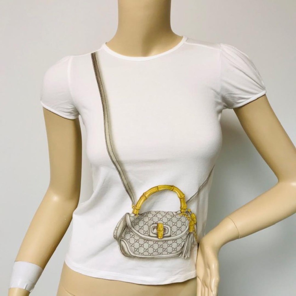 Gucci GG Bamboo Print Off-White T-Shirt XS Pre-Owned Shoulder Bag
