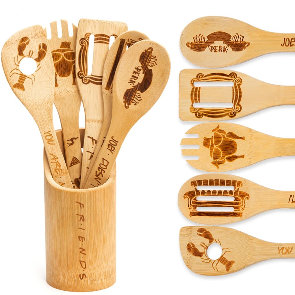 Friends Wooden Spoons for Cooking 6 Piece Kitchen Utensils Set with Holder Gi...