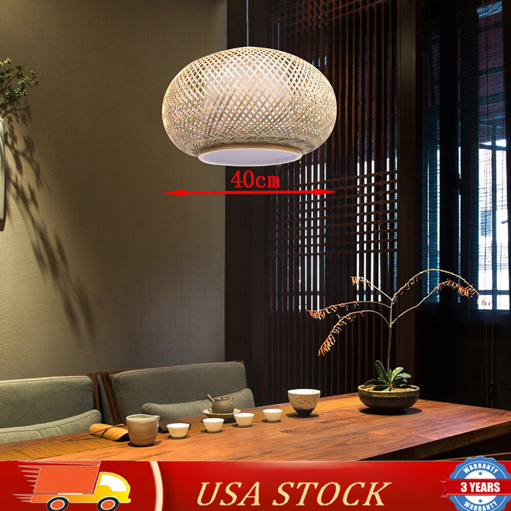 Ceiling Hanging Lamp Bamboo Wicker Vintage Rattan Lantern Pendant Light Fixture