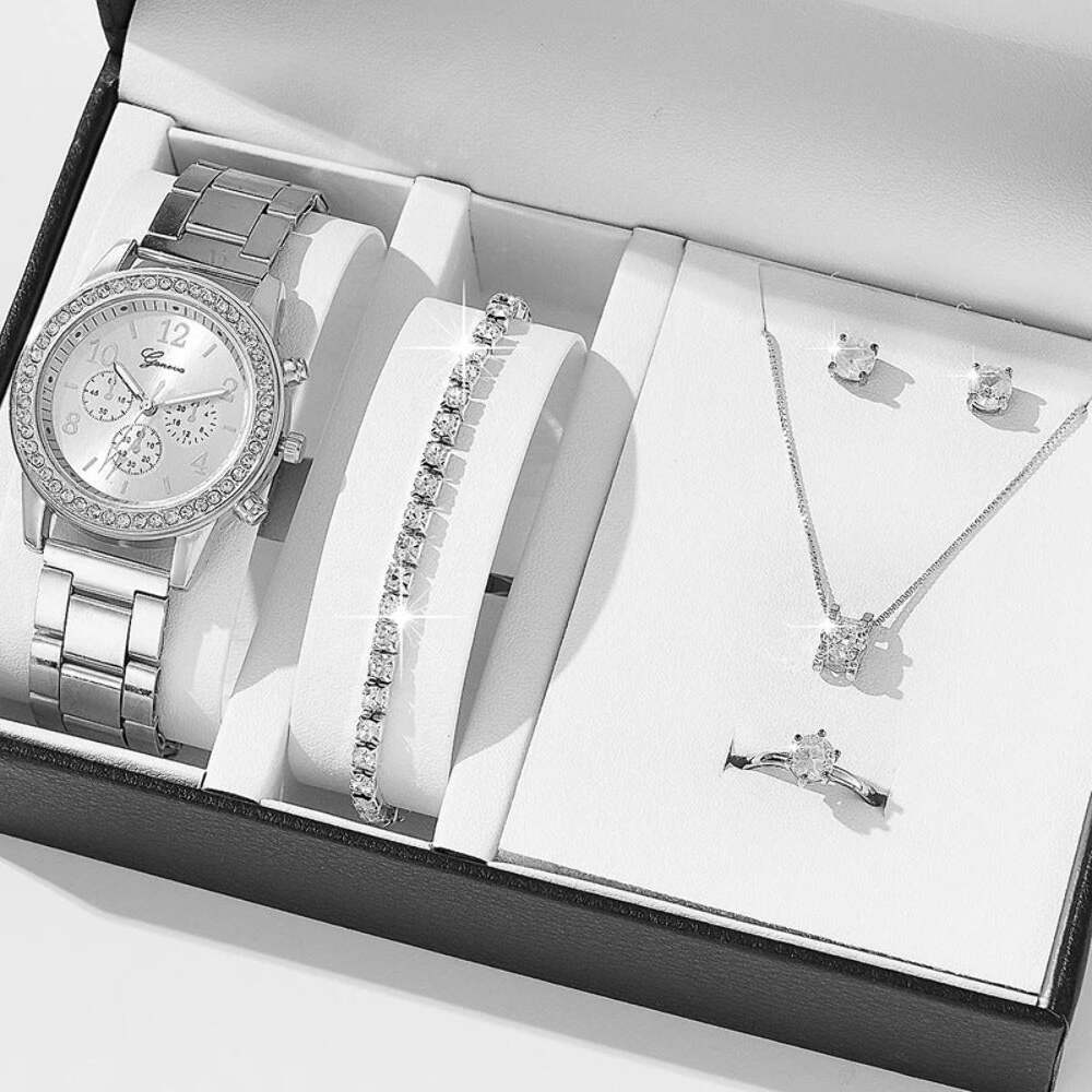 Women's Fashion Quartz Watch Set with Bracelet, Earrings, Necklace, and Ring