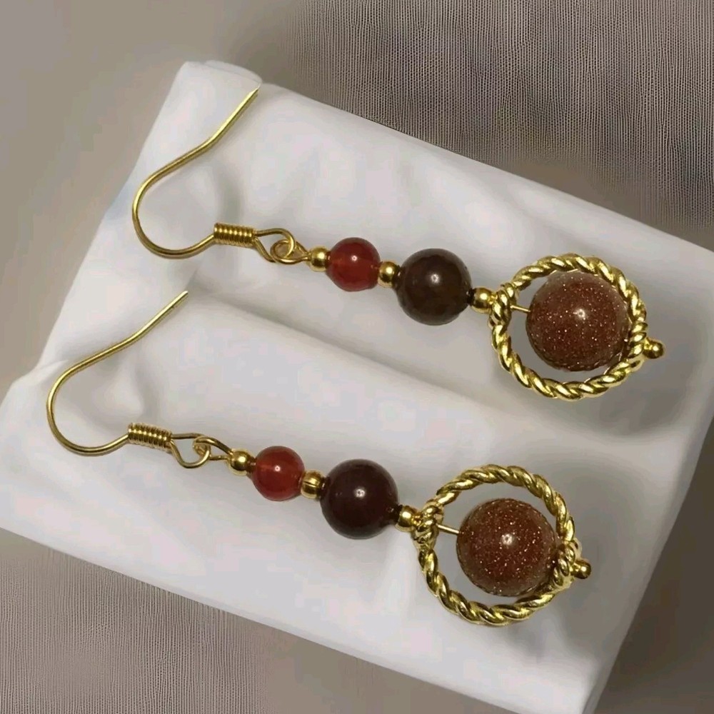 Vintage Style Goldstone Earrings In Gold Plate.drop dangle