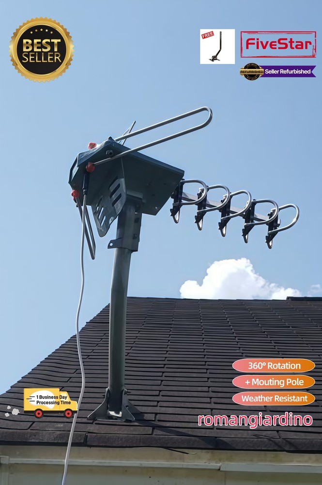 Limited Time 200 Mile Outdoor TV Antenna w Pole Motorized 4K HDTV 360 Rotation