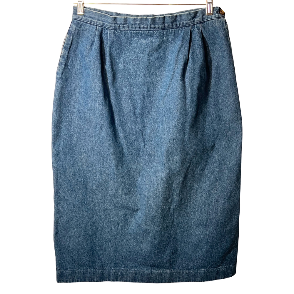 Orvis Womens Jean Skirt Size 8 Blue Midi Side Zip Back Button Hem Pockets