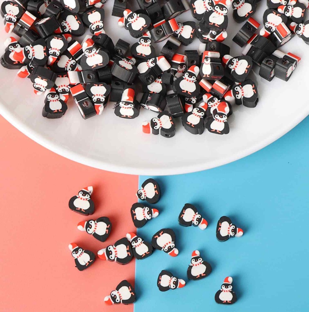 10MM Penguin with Santa Hat Christmas Polymer Clay Beads for DIY Jewelry