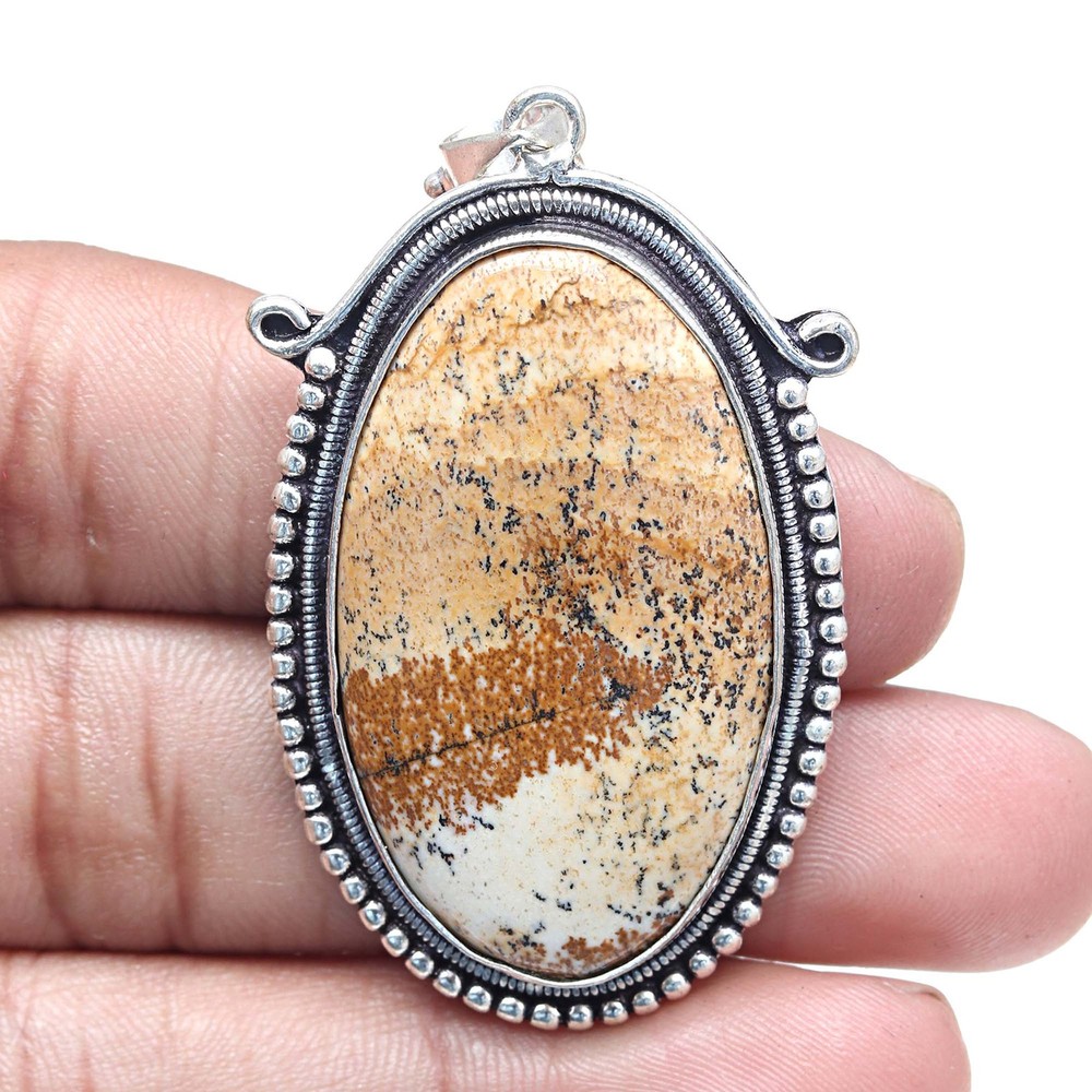 Valentines Day Silver Pendant with Picture Jasper Gemstone Ethnic Jewelry 2 Inch