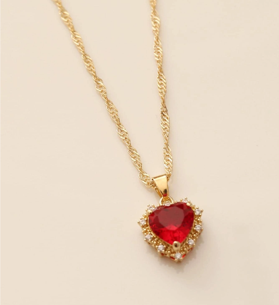 Womens Necklace Red Heart Pendant 18K Gold Plated Stainless Steel Beaded Jewelry