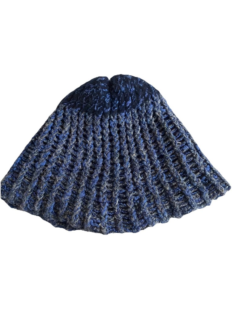 Handmade Blue Marled Knit Beanie Hat Crochet Winter Cap Two Tone Ribbed Unisex