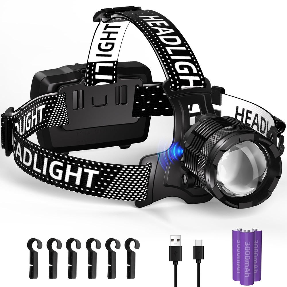 100,000LM Rechargeable LED Headlamp 40H Long Battery Life, Super Bright Senso...