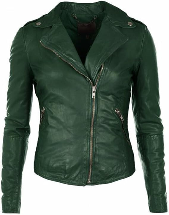 New Women's Green Slim Fit Biker Style Moto Real Lambskin Leather Jacket