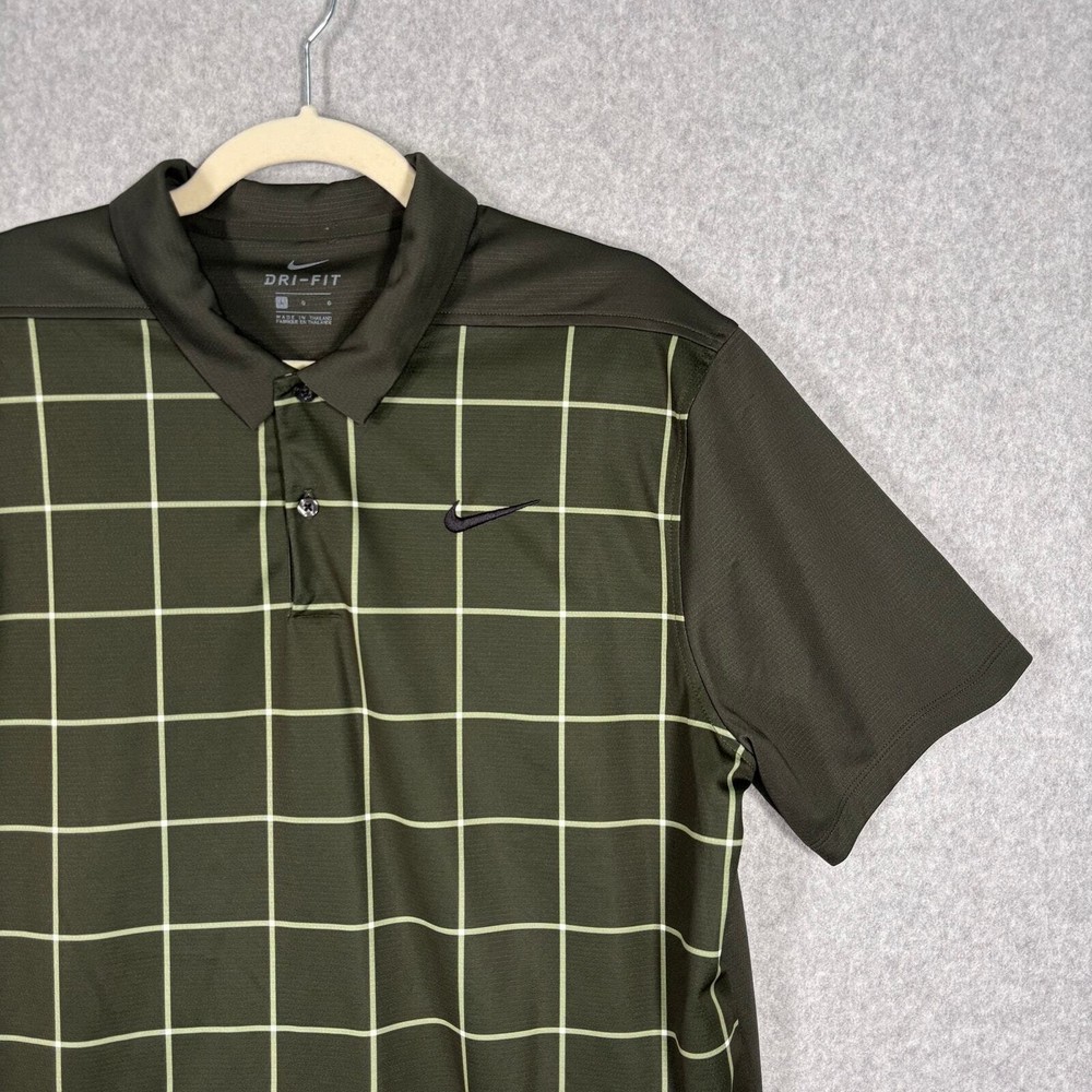 Nike Dri Fit Polo Golf Shirt Mens Medium Green Plaid Short Sleeve Preppy Casual