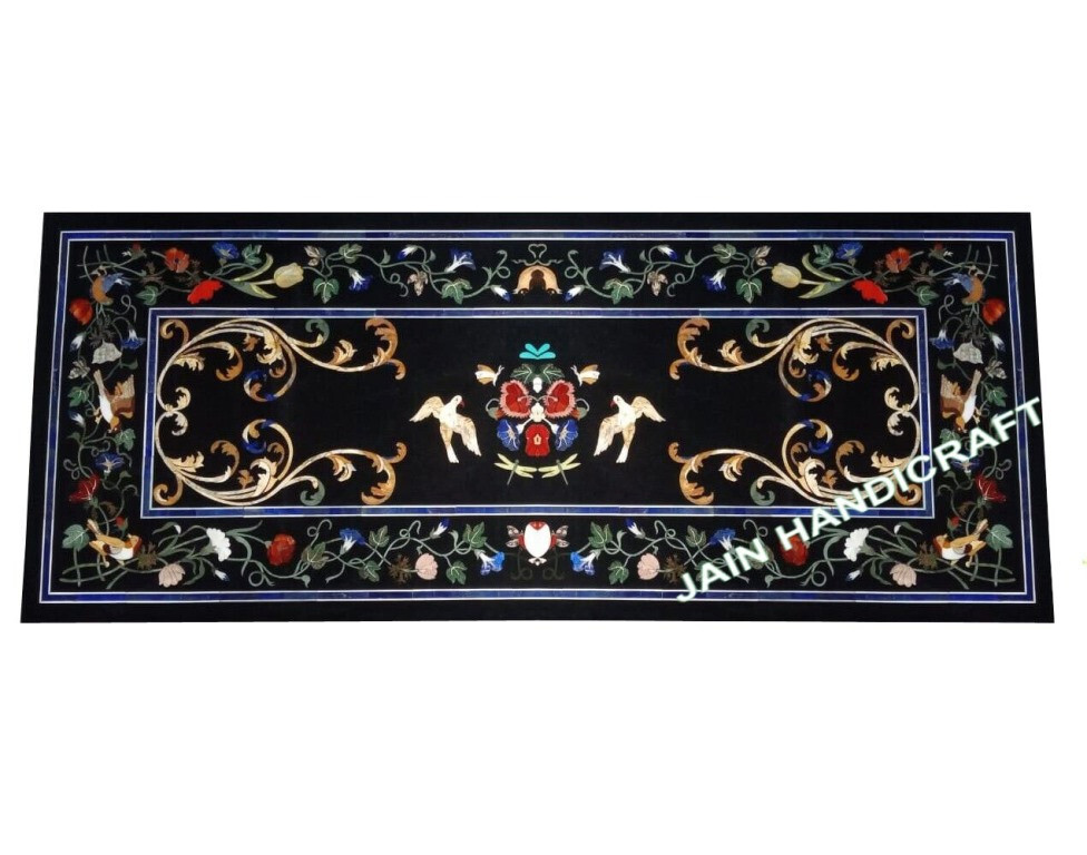 Black Marble 5x2.5ft Dining Table with Bird Inlay Design  