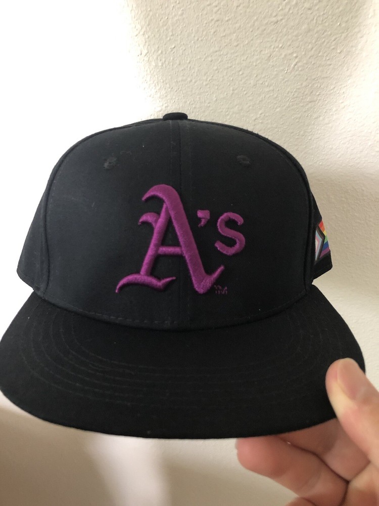 Oakland A’s Black Baseball Cap Purple 2022 SGA Snapback Hat GILEAD PRIDE DAY-image