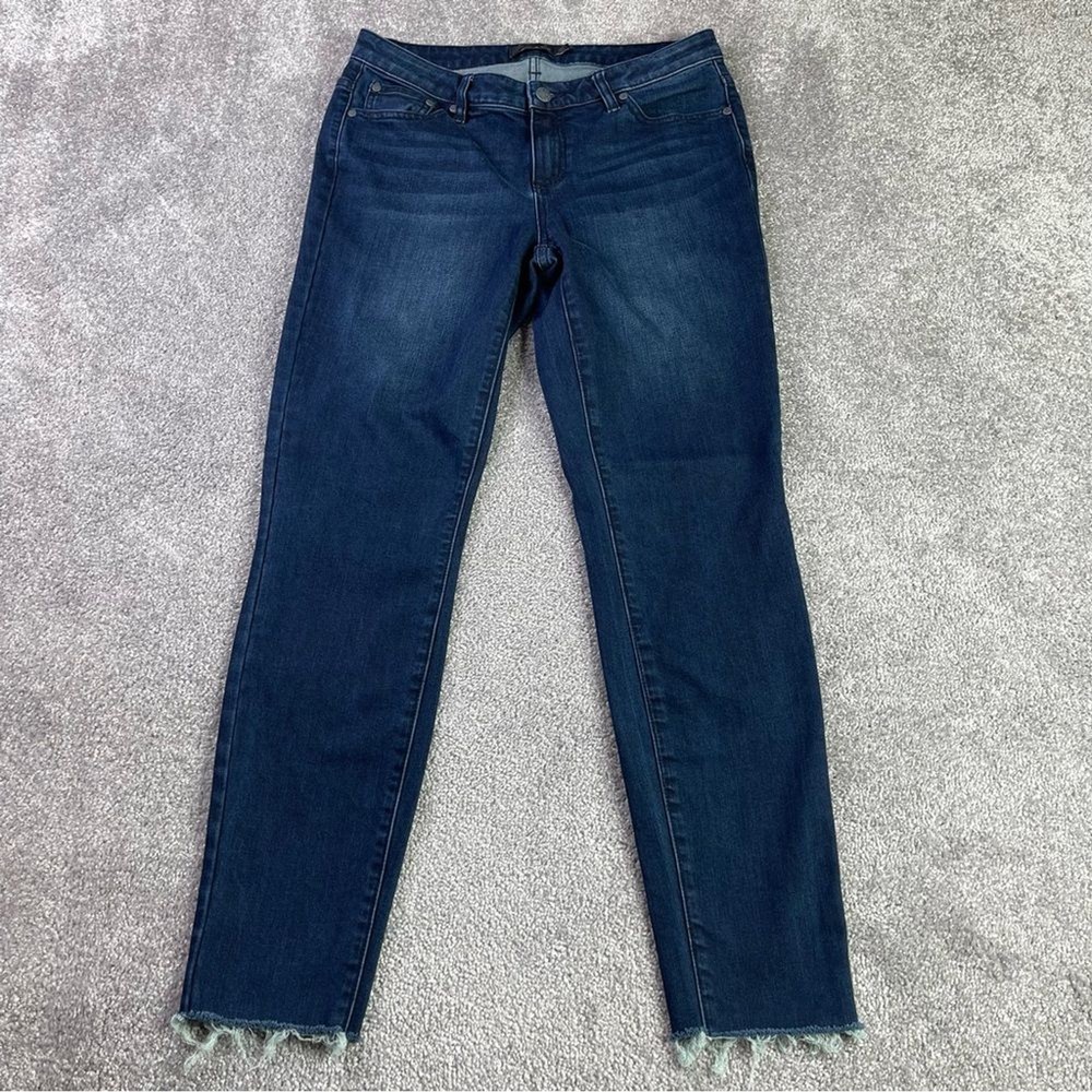 PrAna Jeans Women’s 29X28.5 Blue Skinny Low Rise Dark Denim Stretch Frayed Hem