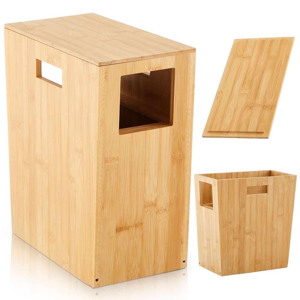 Bamboo Wood Trash Can with Lid 12.9'' x 6.4'' x 13.3'' Small Rectangular Wast...