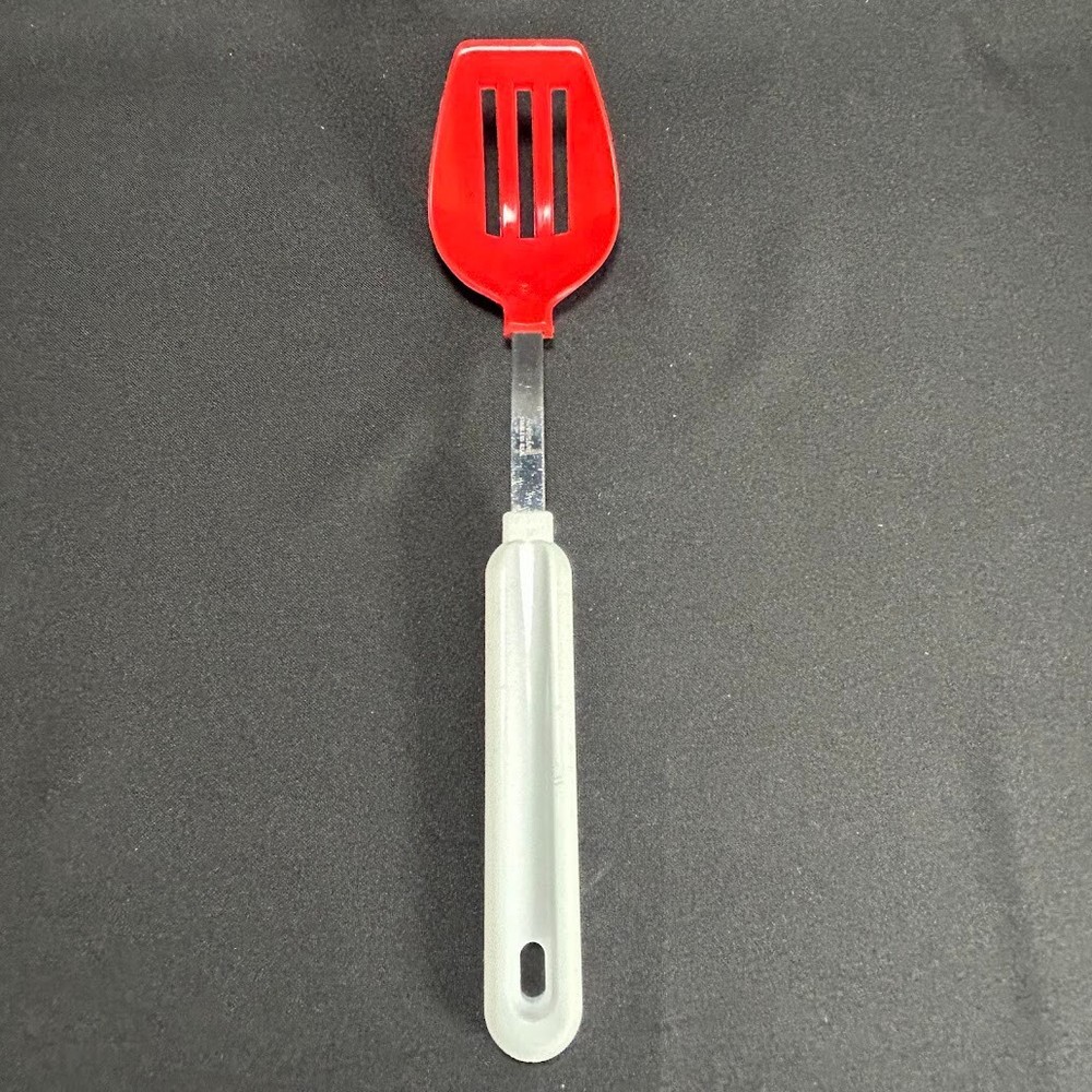 Vintage Robinson Stainless Steel / Plastic Handle Slotted Spoon Red