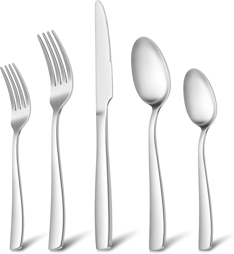 Efar Matte Silverware Set for 4 - 20-Piece Square Handle Flatware in Silver