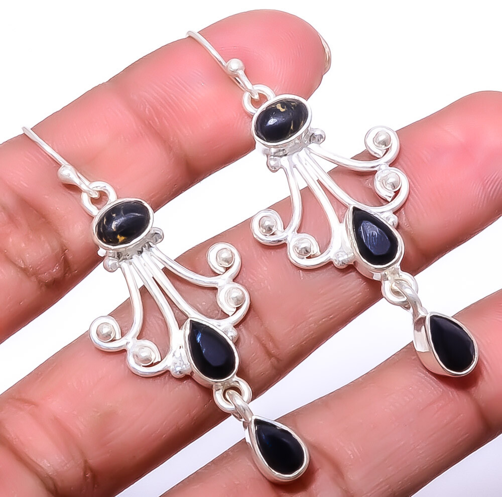 Copper Black Turquoise Sterling Silver Dangle Earrings 2.11