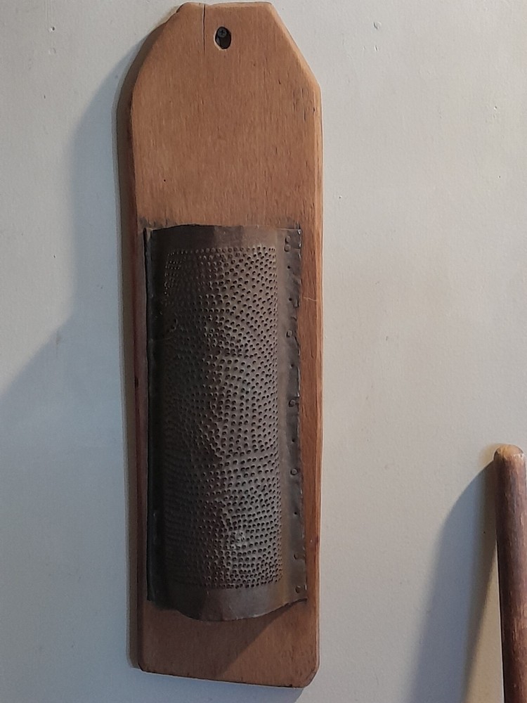 EARLY PRIMITIVE ANTIQUE FARMHOUSE PUNCHED TIN GRATER ON BOARD~AAFA
