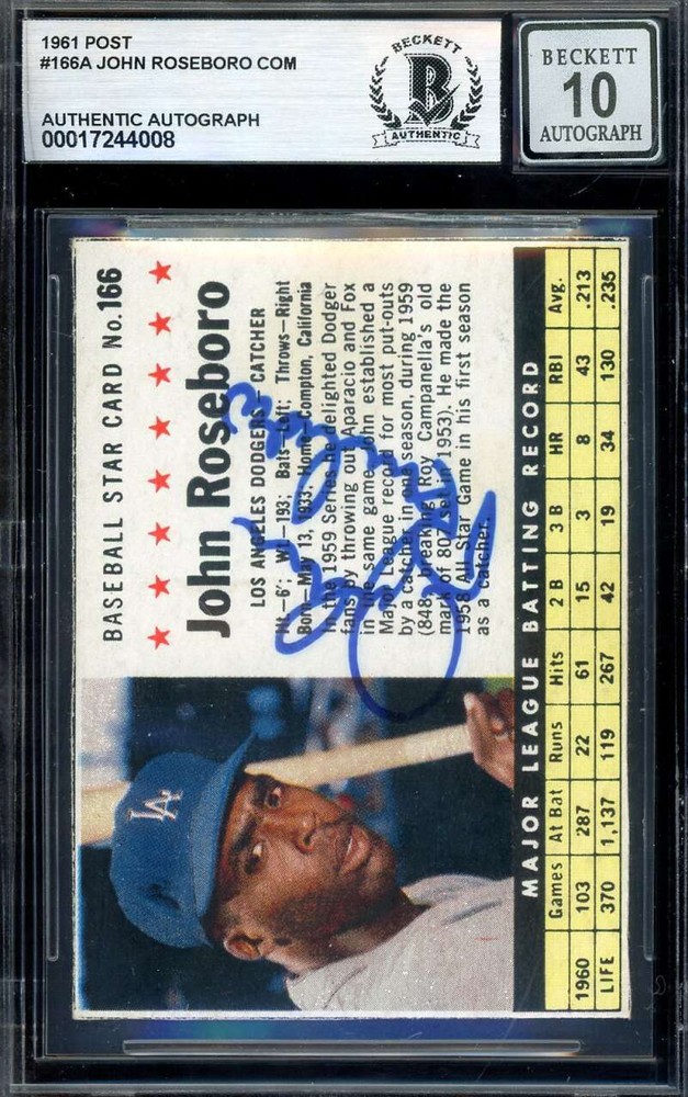 John Roseboro Gem Mint 10 Beckett BAS Signed 1961 Post Autograph