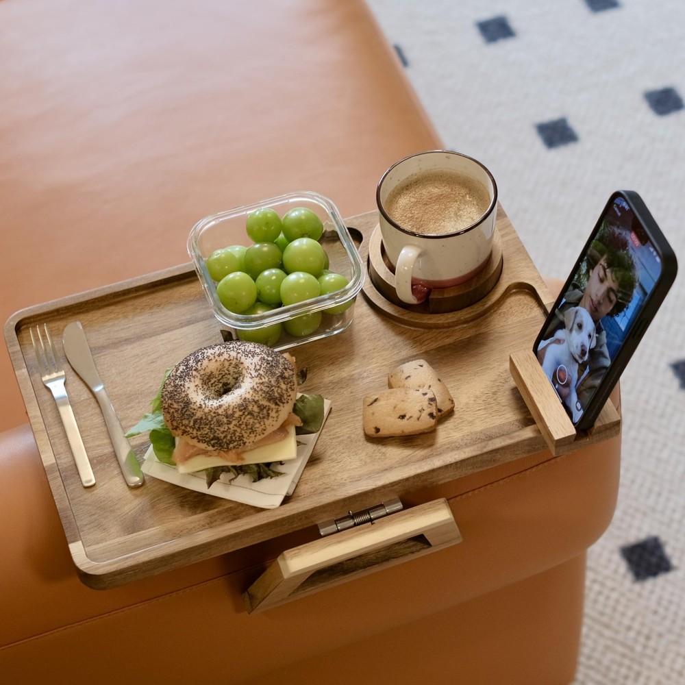Premium Acacia Wood Sofa Arm Tray Table for Couch | Clip on Food Tray for Wid...