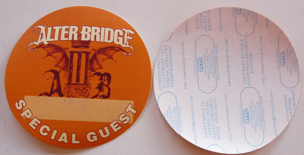 Alter Bridge III Concert Tour Orange Special Guest Backstage Pass D15