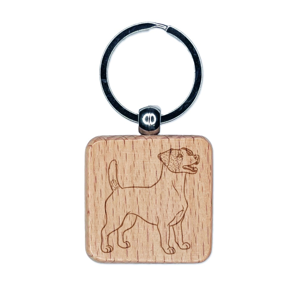 Energetic Jack Russell Terrier Pet Dog Engraved Wood Square Keychain Tag Charm