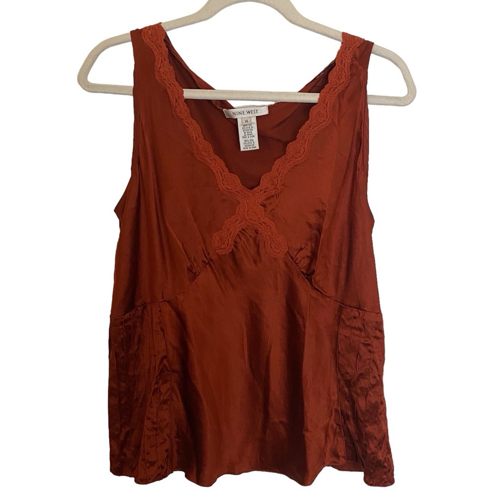 Nine West Womens Y2K Babydoll Silk Camisole Top Sz 14 Feminine Dainty Fairy Lace